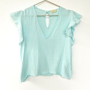 Stark X Turquoise Light Blue Gauze Ruffle Sleeve Frayed Hem Top XS 100% Cotton
